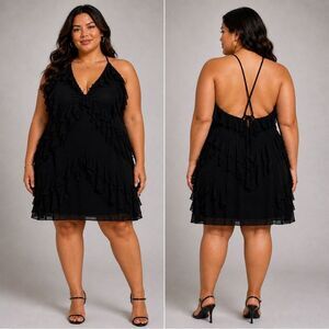 NWT SHEIN Plus Size Solid Black Ruffled V-Neck Halter Mini Dress Open Back 3XL